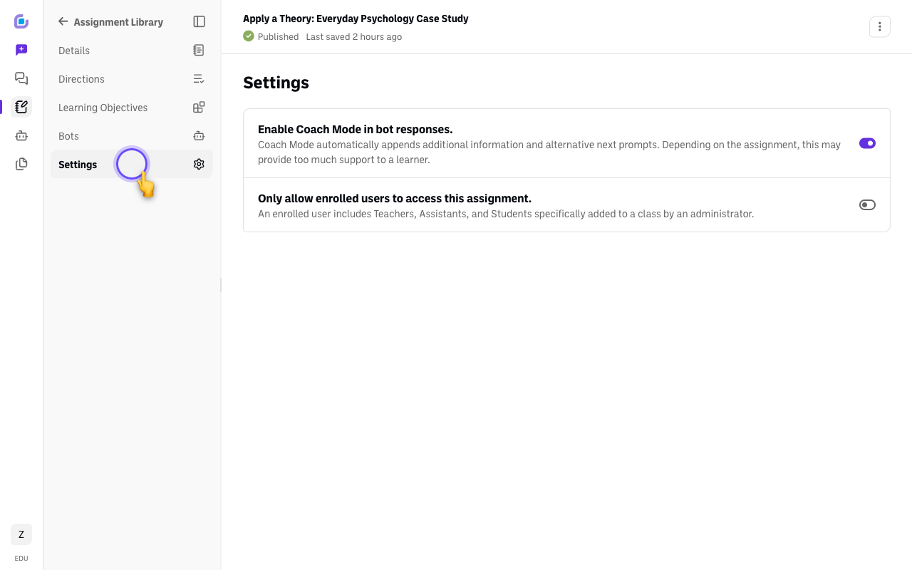 Screenshot: assignment-settings-tab