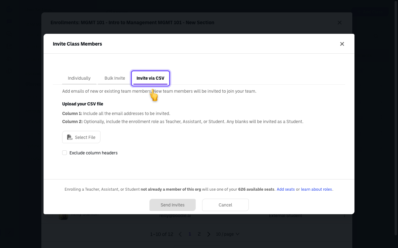 Screenshot: class-invite-csv