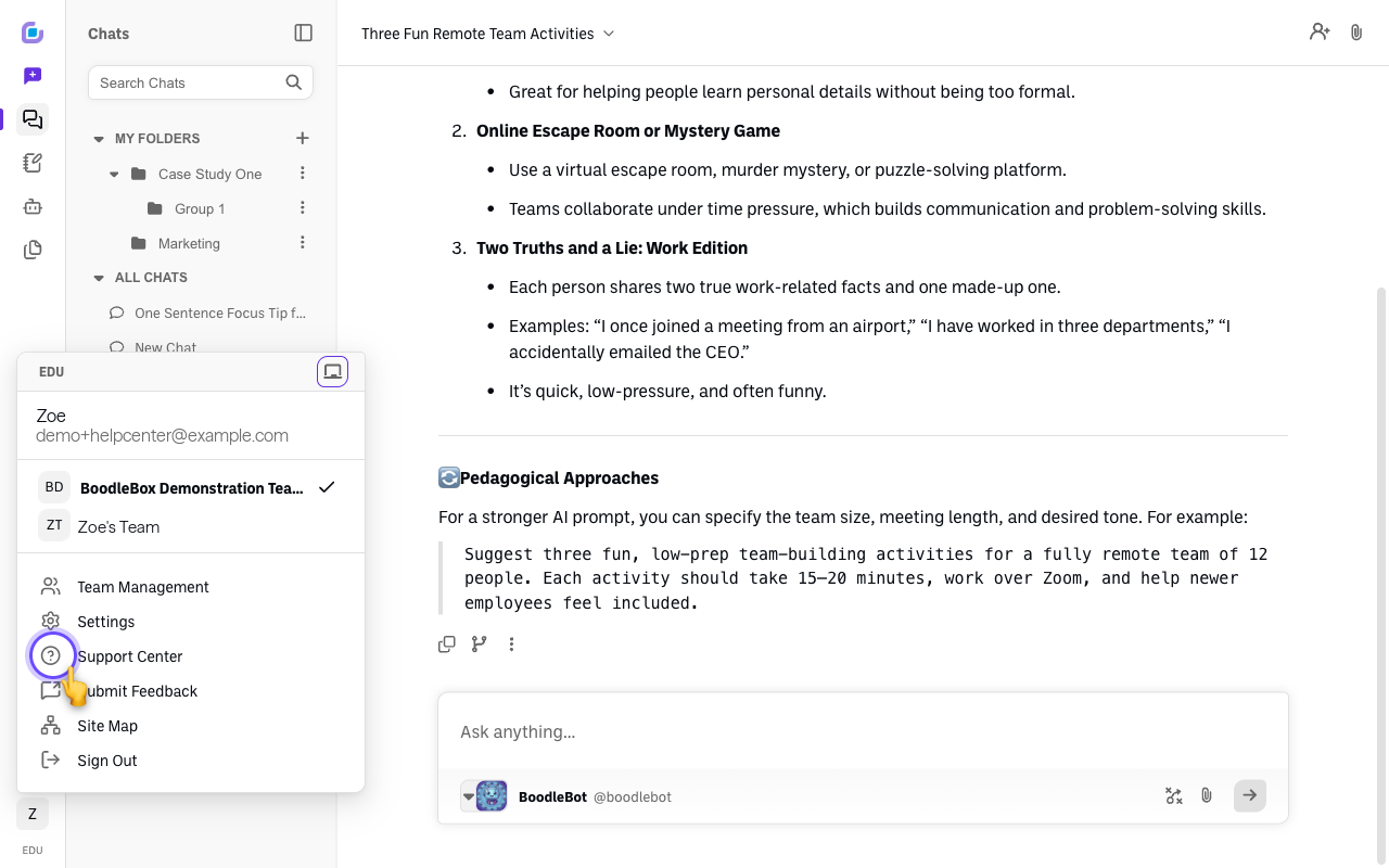 Screenshot: support-center-menu
